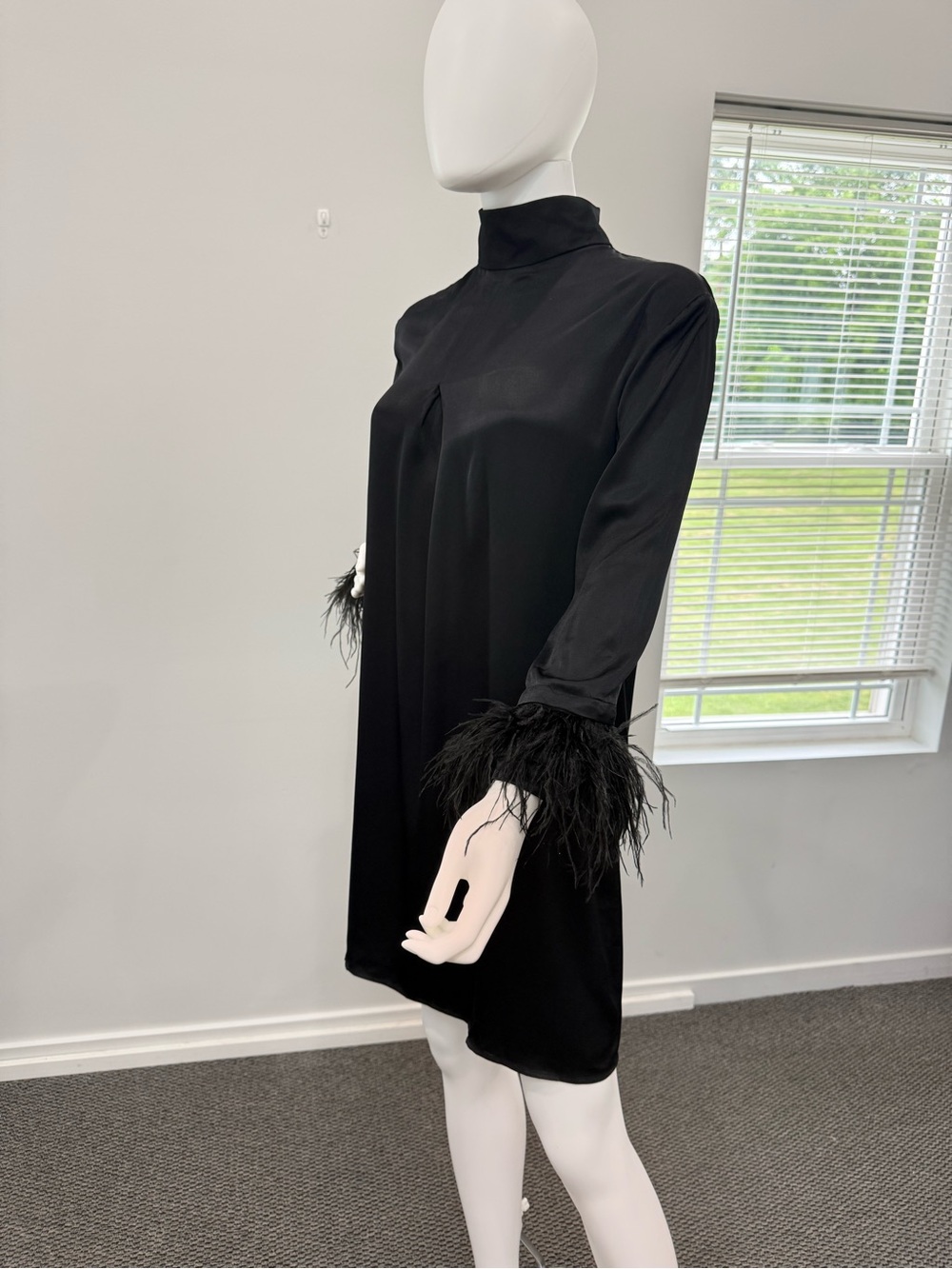 Sleeper Black Mini Dress with Feathery Cuffs - Picture 5 of 11